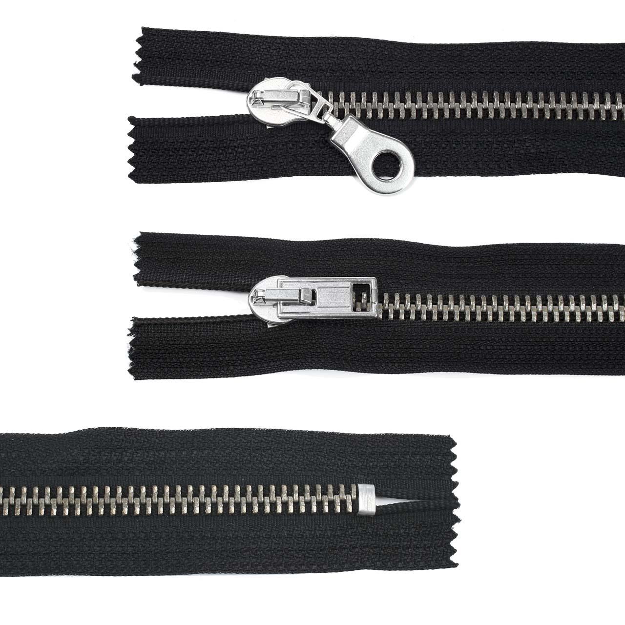 Zipper, metal, wide, lockable, black, 16 cm
