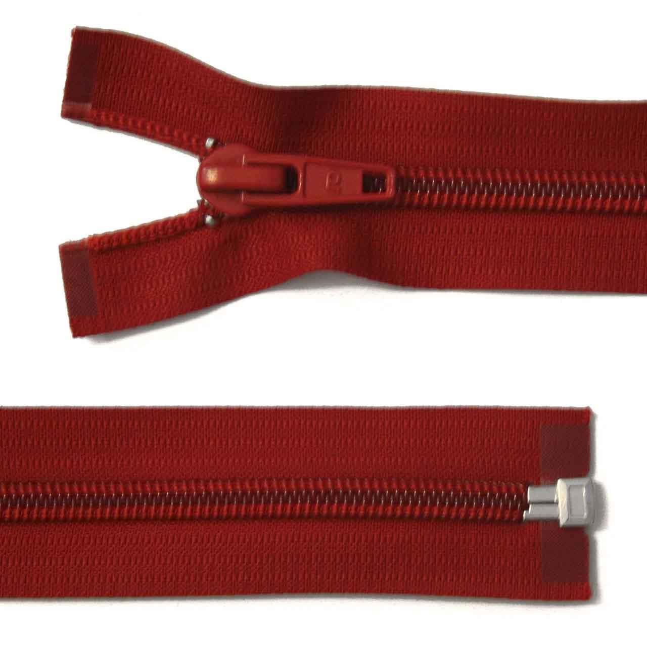 Zipper, plastic, divisible, wide, red, length 85 cm