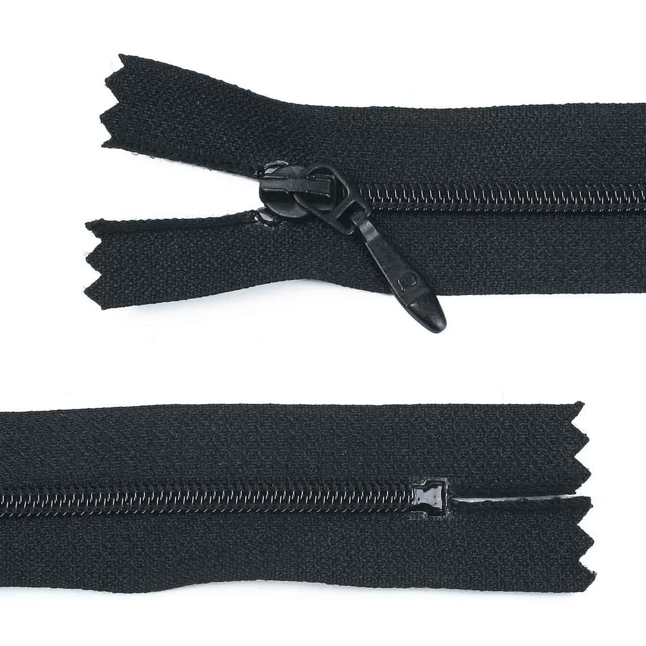Zipper, plastic, narrow, black, 13 cm